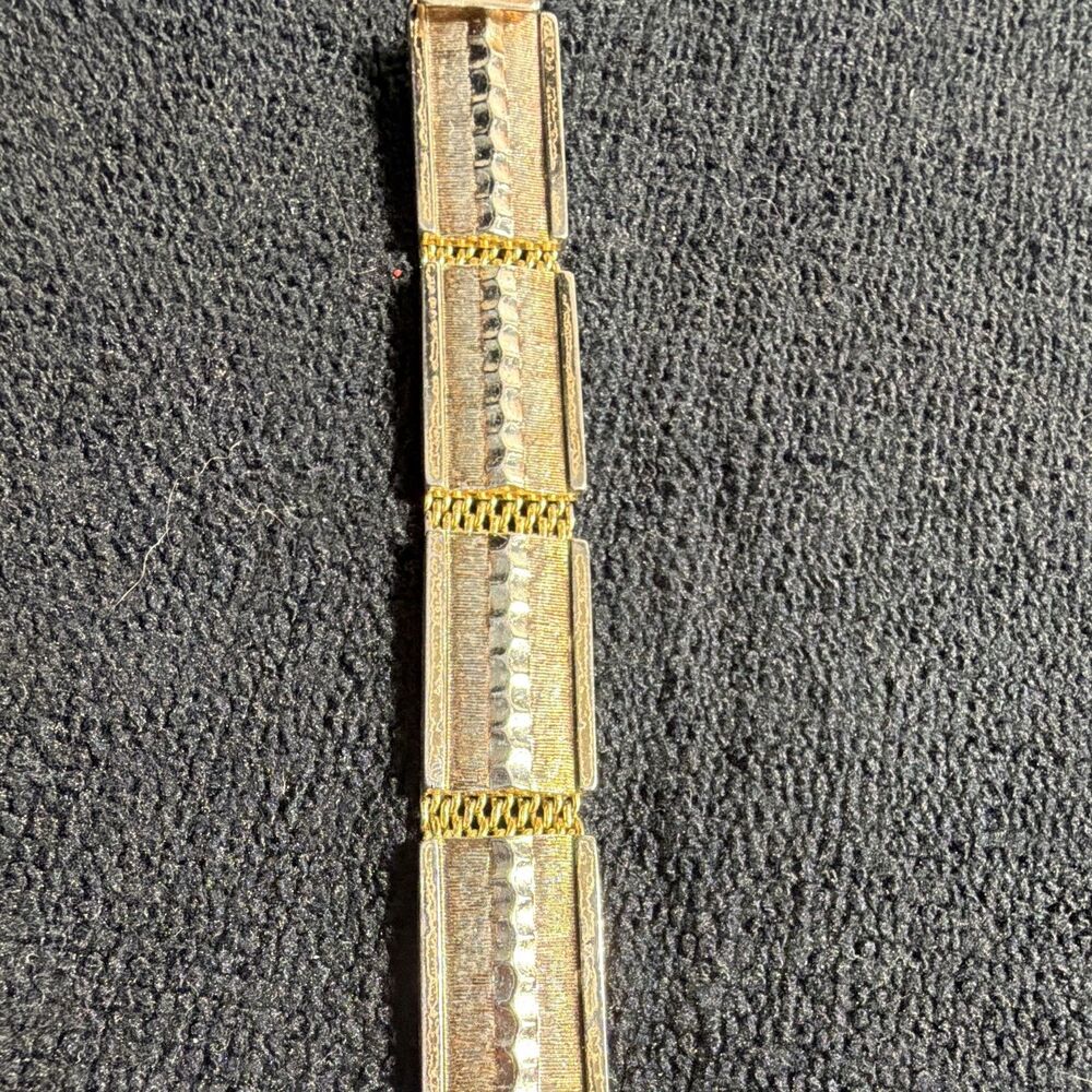 Two-Tone Gold Silver Metal Rectangular Textured Link Bracelet Fold Over Clasp